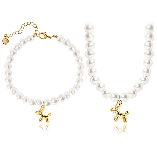 <font color="red">99.9% Pure Gold 24K Gold</font> bracelet/Necklace<br><font color="red"></font> Balloon Puppy Pure Gold Puppy Pearl (6mm) SET<br> SET0003_J