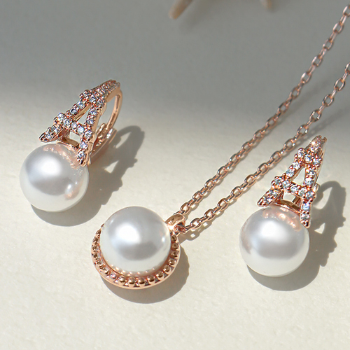 May Spring Special + Free Shipping★<br> <font color="red">14K★</font><br> Earring/Necklace SET<br> Peach Paris Pearl SET SET0466