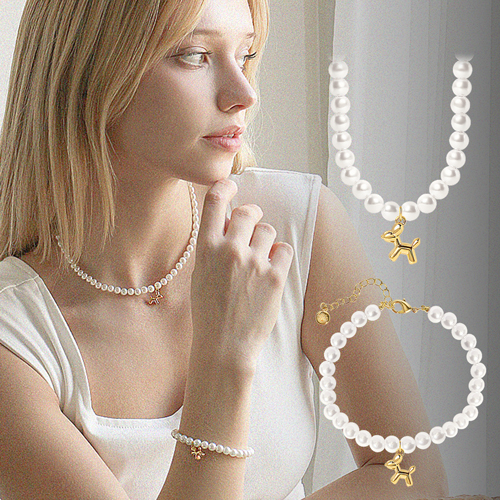 <font color="red">99.9% Pure Gold 24K Gold</font> bracelet/Necklace<br><font color="red"></font> Balloon Puppy Pure Gold Puppy Pearl (6mm) SET<br> SET0003_J