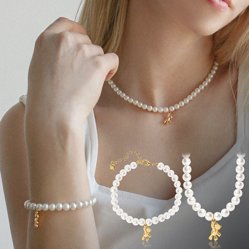 <font color="red">99.9% Pure Gold 24K Gold</font> bracelet/Necklace<br><font color="red"></font> Honey Bear Pure Gold Bear Pearl (6mm) SET<br> SET0002_J