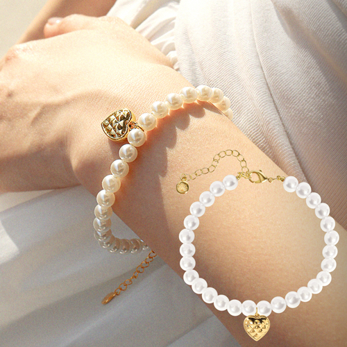 <font color="red">99.9% pure gold 24K Gold</font> bracelet<br><font color="red"></font> Embossed pure gold heart pearl bracelet (6mm)<BR> BA0005_J