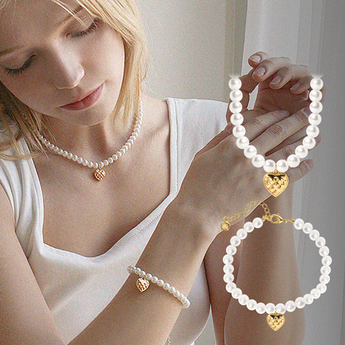 <font color="red">99.9% Pure Gold 24K Gold</font> bracelet/Necklace<br><font color="red"> </font>Embossed pure gold heart pearl (6mm) SET<br> SET0005_J