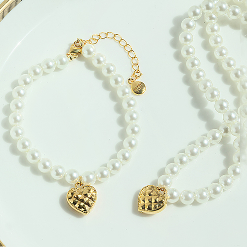 <font color="red">99.9% Pure Gold 24K Gold</font> bracelet/Necklace<br><font color="red"> </font>Embossed pure gold heart pearl (6mm) SET<br> SET0005_J