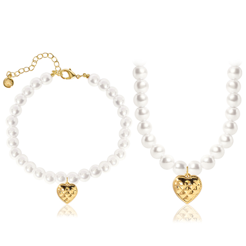<font color="red">99.9% Pure Gold 24K Gold</font> bracelet/Necklace<br><font color="red"> </font>Embossed pure gold heart pearl (6mm) SET<br> SET0005_J