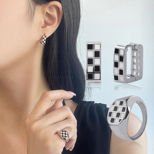 Fall in SALE + Free Shipping★ <font color="red"><br>14K★</font><br> Earring/Ring SET<br> Check Square SET SET0481